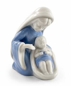 Lefton Madonna & Child Figurine Blue White Porcelain Religious Statue 3.75”